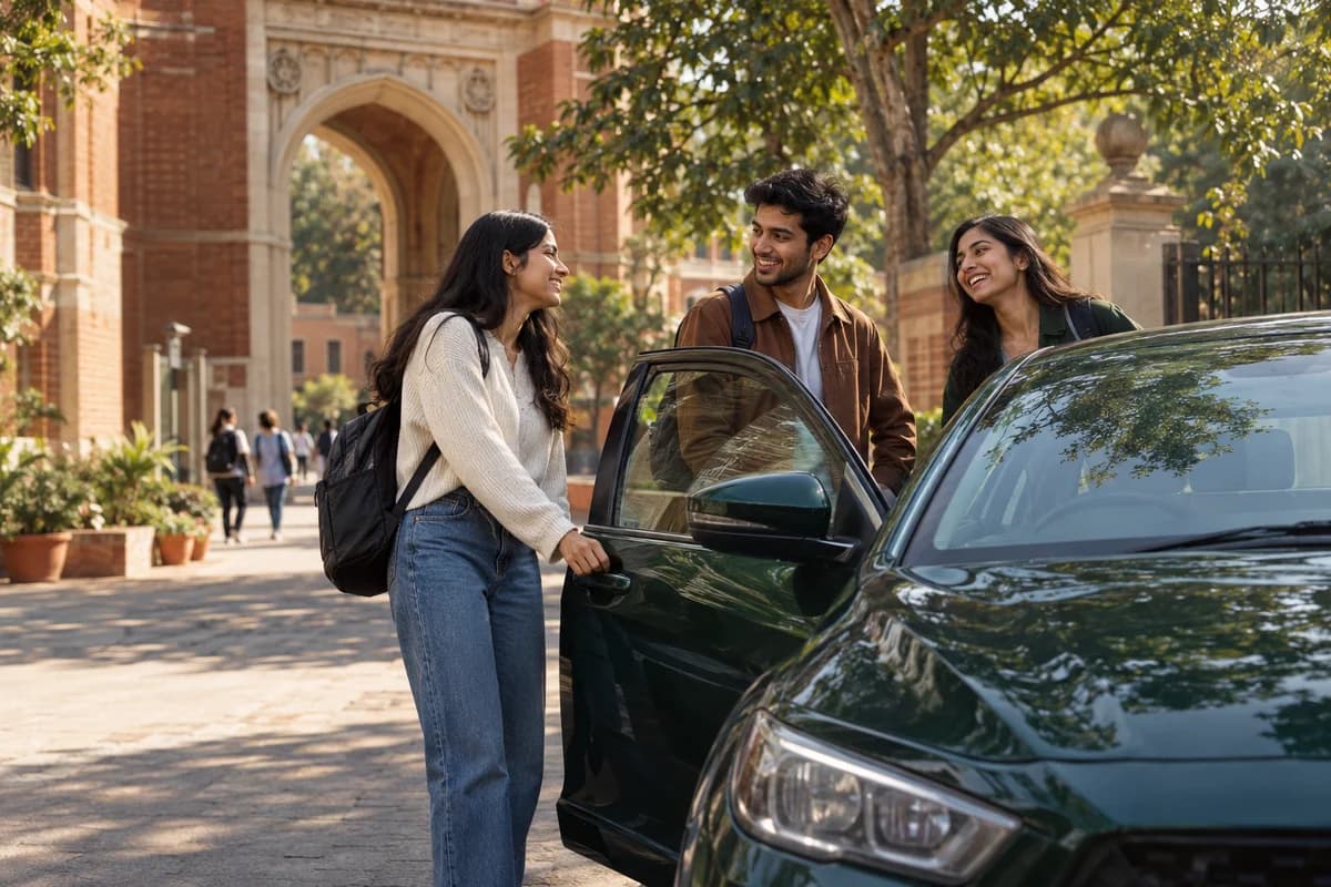 Students sharing a friendly moment beside a car at a university entrance