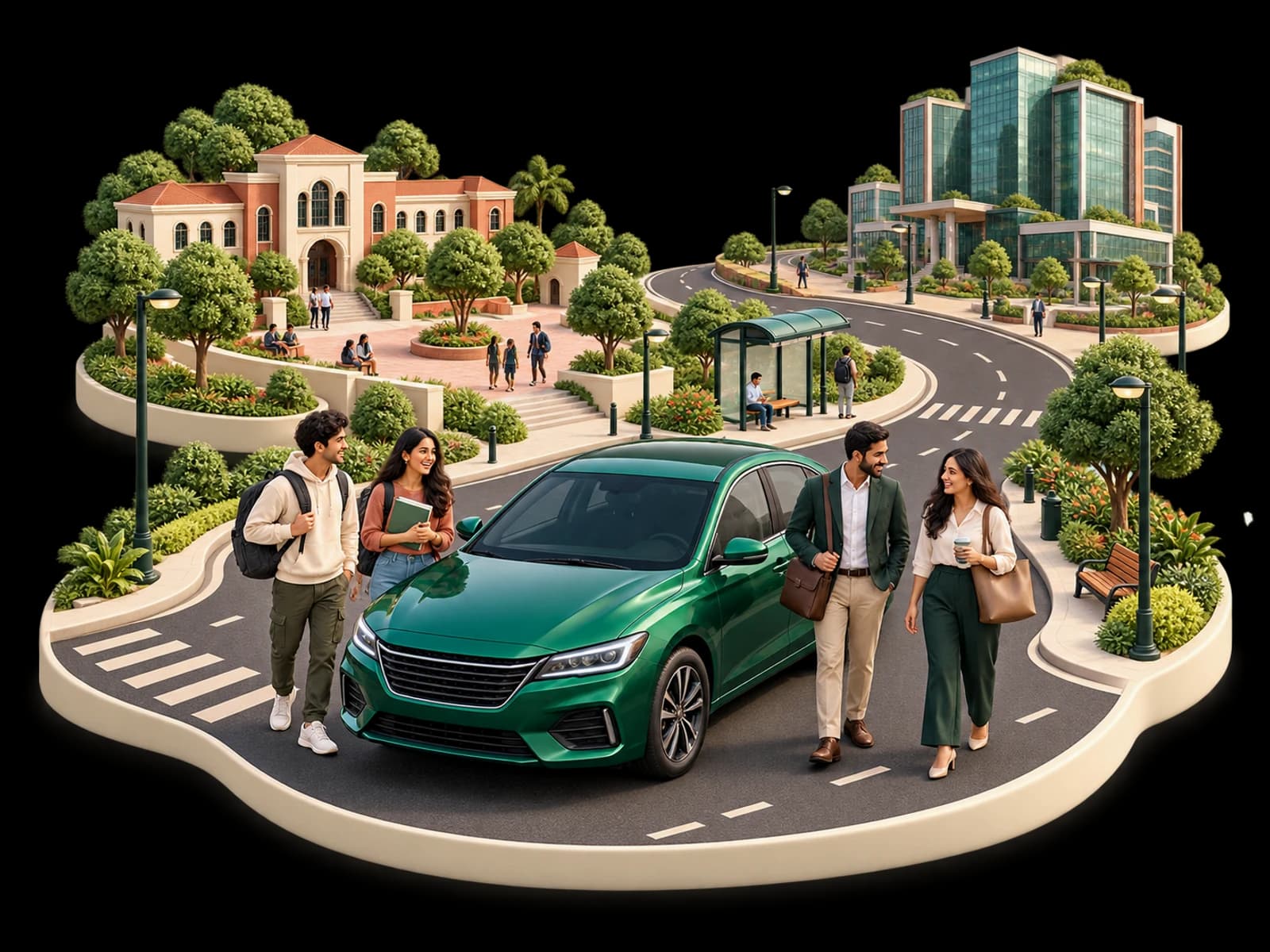 Students and working professionals meeting beside an emerald car on a miniature road connecting a college and an office campus