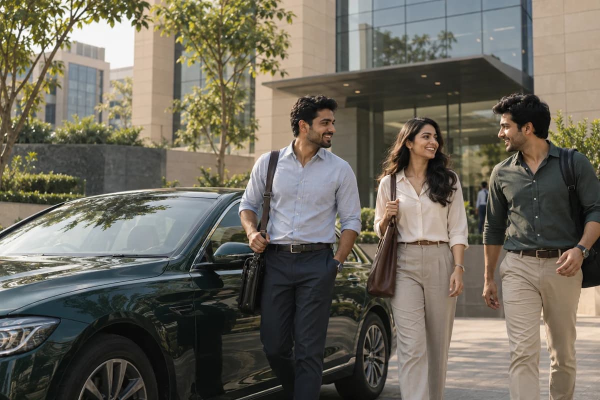 Working professionals arriving together at an office campus